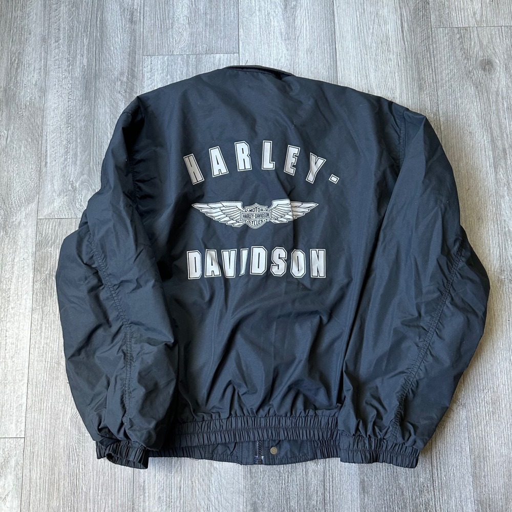 Harley-Davidson Black Nylon windbreaker Jacket Harley Wing reflective Mens L